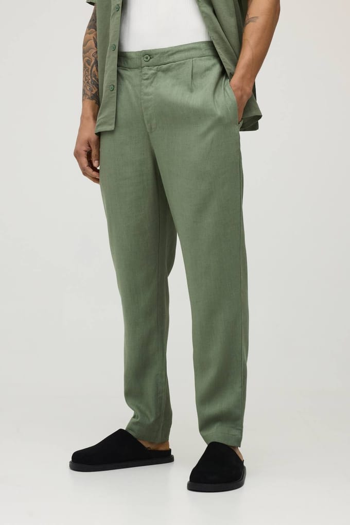 Slim Fit Half & Half Waist Linen Blend Trouser | Olive | Size Medium