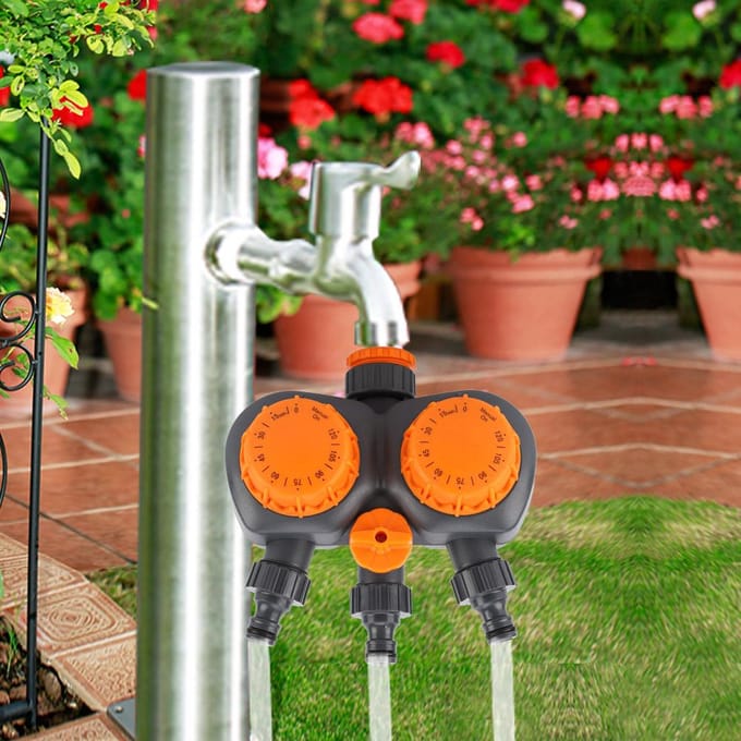 Tuinwatercontroller Schakelaar G3/4   met Dubbele Kop Irrigatie Mechanische Timer Waarde black