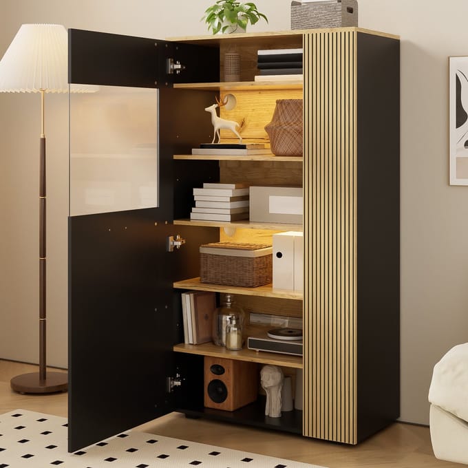Moderne opbergkast met LED-verlichting - multifunctionele organizer - uitgerust met 3 vaste planken en 2 verstelbare planken.