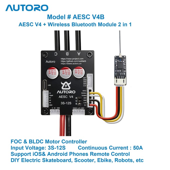 NONE Autoro V4B ESC W Bluetooth BLDC FOC Motorcontroller 12S 50A VESC 4 Controller voor DIY elektrische skateboard, scooter, e-bike en off-road.