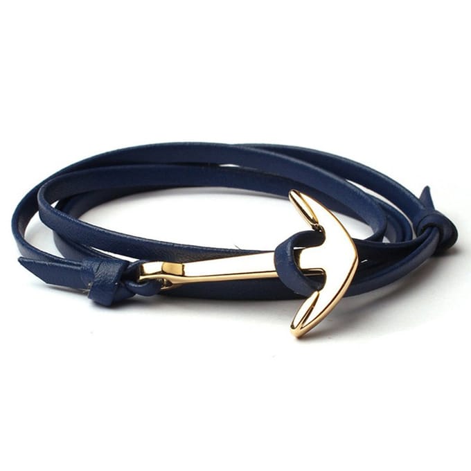Anker armband leren koord blauw met Goudkleurig