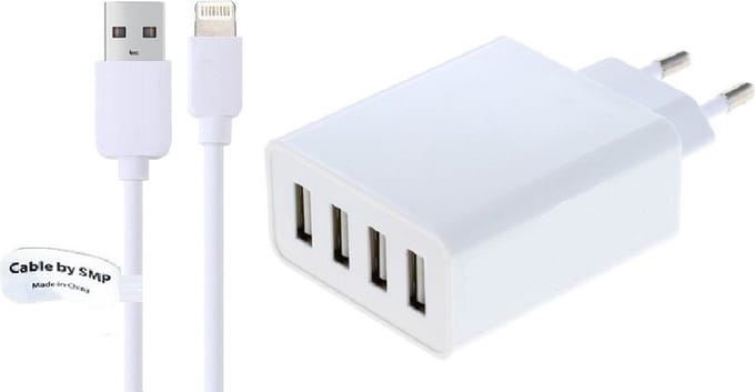 OneOne 5A lader met 4 poorten + 3,0m OneOne Lightning kabel. Universele oplader adapter past op Apple iPhone 12 Pro Max, iPhone 13, iPhone 13 Mini, iPhone 13 Pro, iPhone 13 Pro Max, iPhone 14, iPhone 14 Pro, iPhone 14 Pro Max