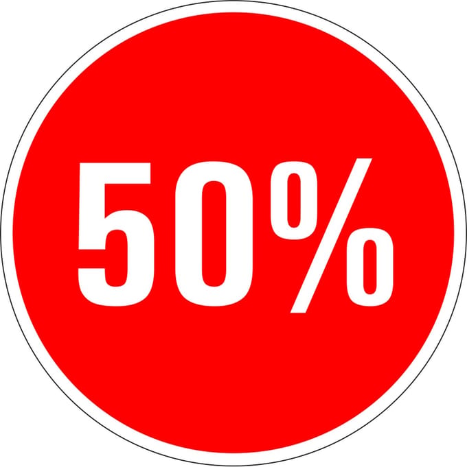 Korting sticker 50% op vel 30 mm - 18 per vel