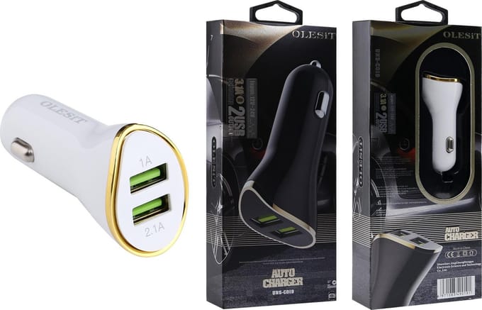 Olesit 3.1A Autolader - Oplader - 2 USB poorten met bescherming tegen overbelading & overhitting - Wit