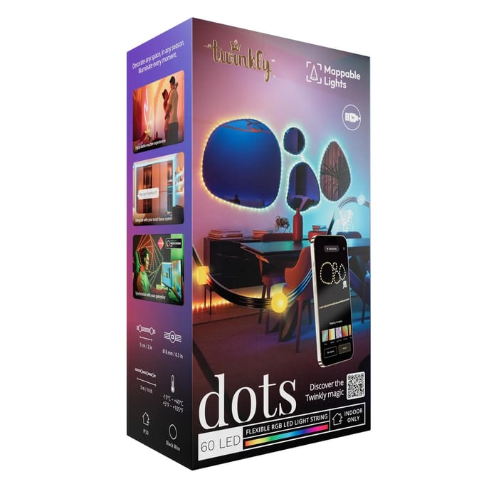 Twinkly Dots - 60 App-controlled RGB LEDs. 3 Meters. Black Wire. USB-powered.