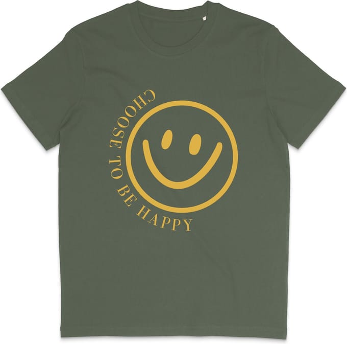 Grappig T Shirt Dames Heren - Choose to be Happy Smiley - Khaki Groen - L