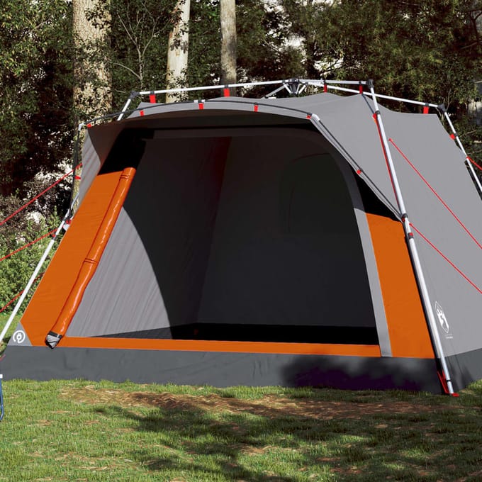 Tente de camping pour 4 personnes en gris et orange avec système de libération rapide