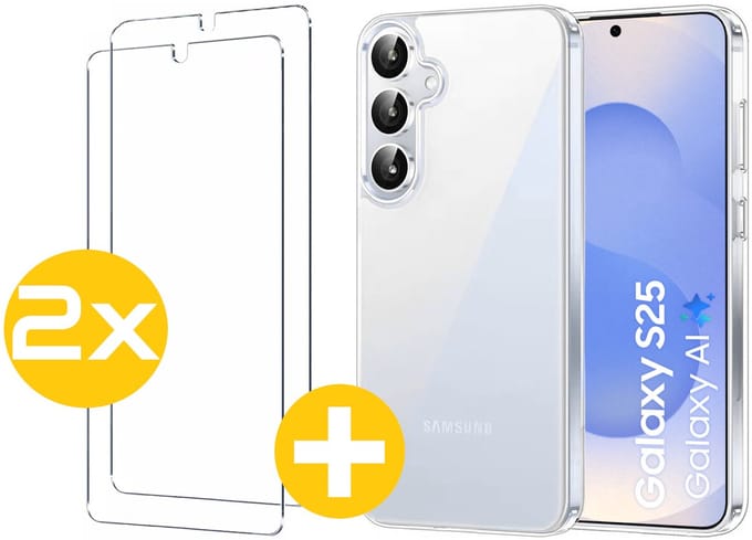 Hoesje en Screenprotector Combi Geschikt Voor Samsung Galaxy S25 - Transparant Hoesje + 2x Screenprotector