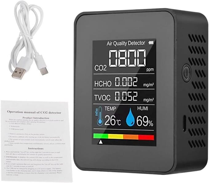5-in-1 Luchtkwaliteitsmeter: CO2, Formaldehyde (HCHO) & TVOC Detector met Kleurenscherm
