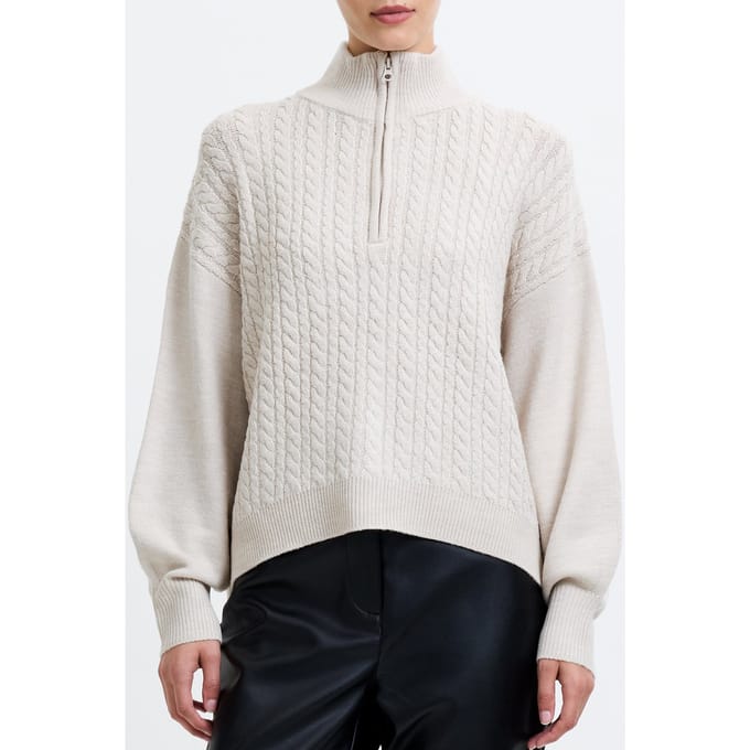 French Connection Babysoft Cable Half Zip Oatmeal Mel Maat: S | Sweaters Outlet | Dames | Beige
