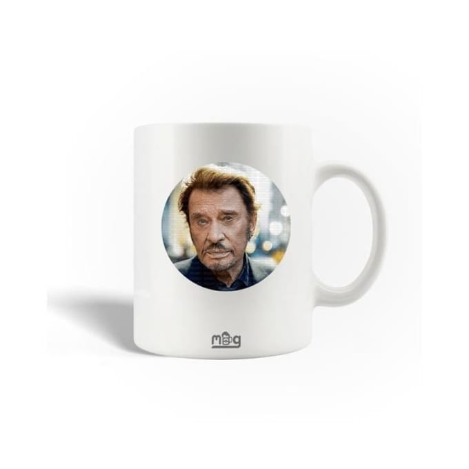 Mug en Céramique - Johnny Hallyday - 30cl - Blanc - Compatible Lave-Vaisselle - Rond