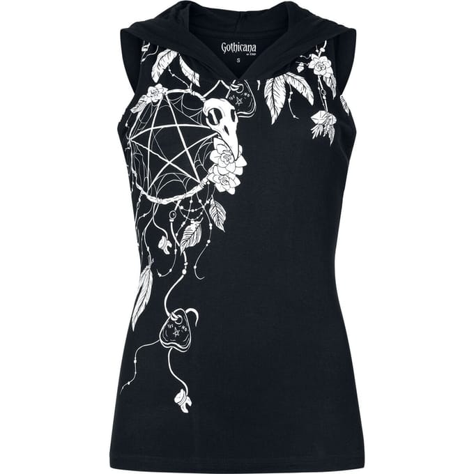 Gothicana Zwarte top met capuchon en print aan de voorkant - Dames - M