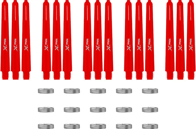 XQMax Dart Shafts - 5 Sets (15 stuks) - Inbetween - Rood - Plus Veerringetjes - Darts Shafts