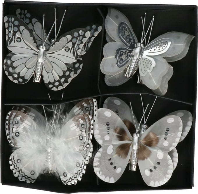 Othmar Decorations vlinders op clip - 8x- grijs/zilver - 8 cm - kunststof -kerstversiering