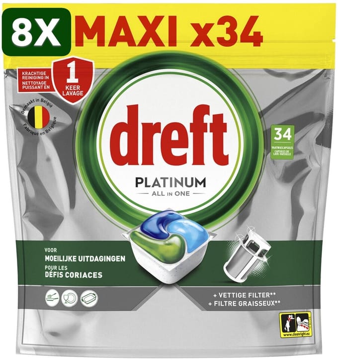 8 x Dreft Vaatwastabletten Platinum All In One Original - 34 stuks