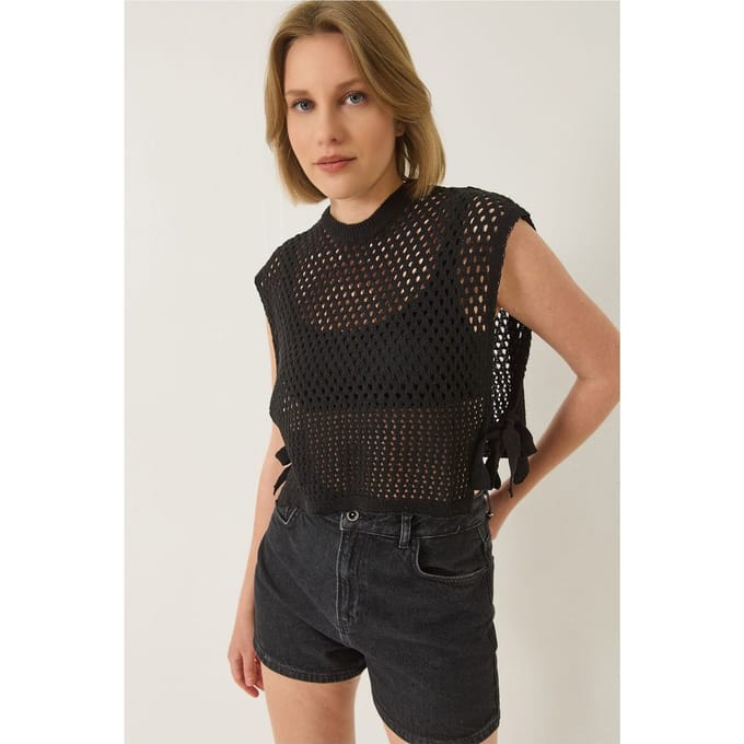 Gelaagde Losse Pas Crop Sweater Vest met Striksluiting