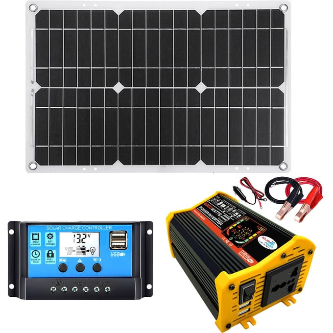 Zonne-energieopwekkingssysteem Dubbel USB 25W zonnepaneel + 6000W omvormer DC 12V naar AC 110V220V zwart