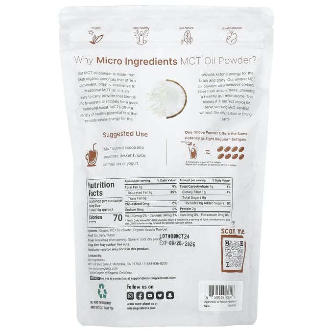 Micro Ingredients, Biologisch MCT-oliepoeder, met prebiotische vezels, 1 lb (454 gr)