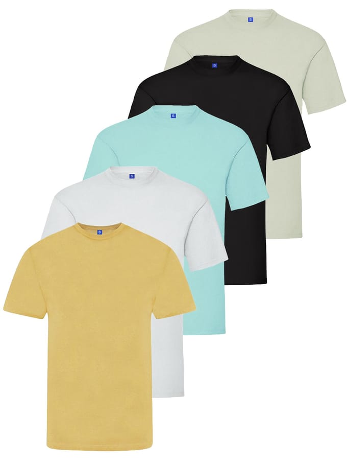Kruze Heren Crew Neck T-Shirts (5 Pack) - BLK/GRY/WHT/SKY/BEIGE
