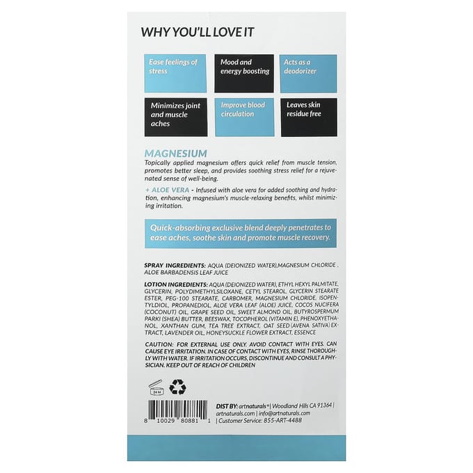artnaturals, magnesiumolie, spray & lotion, 2-delige set black