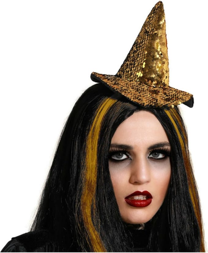 Halloween heksenhoed - mini hoedje op diadeem - one size - goud glitter - meisjes/dames