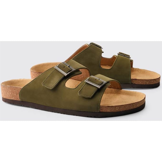 Sandaal Met Dubbele Bandjes Van Imitatiesuède | Olive | Size 44