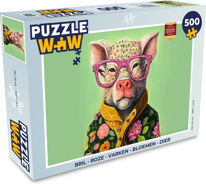 Puzzel Bril - Roze - Varken - Bloemen - Dier - Legpuzzel - Puzzel 500 stukjes