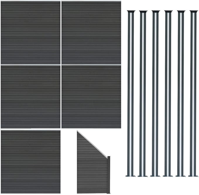 Composiet schuttingpanelenset - grijs - 185x965 cm - led & schuin