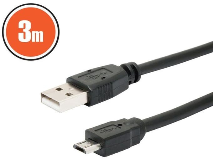 USB Kabel 2.0 3m - USB-A naar Micro USB Zwart [20327]