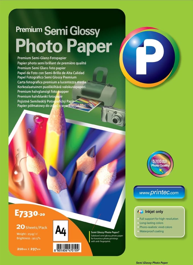Printec Fotopapier - Premium Semi-Glossy - 20 vellen - A4 - 251 gram per m²