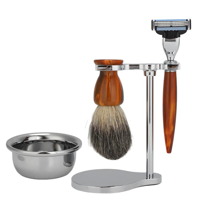 4 stuks Professionele Mannen Scheerset Traditioneel Handmatig Scheermes Scheerkwast Zeepkom Scheerhouder Set brown