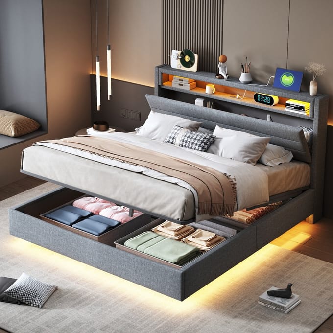Sweiko Gestoffeerd bed - 140x200 cm - Opbergruimte - USB-aansluiting - LED-verlichting - Linnen - Grijs