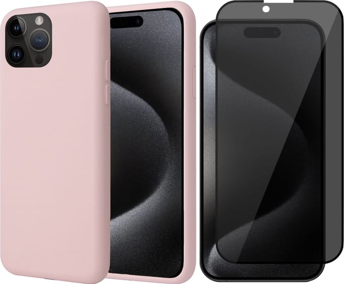 Hoesje geschikt voor iPhone 15 Pro - Privacy Screen Protector FullGuard - Back Cover Case SoftTouch Roze & Screenprotector