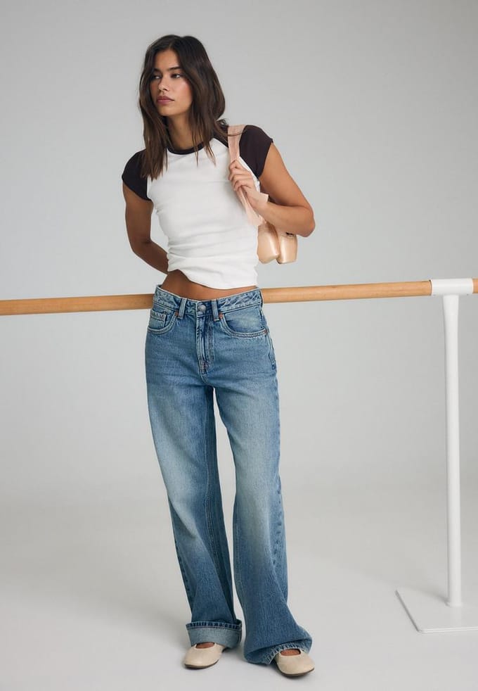 Stradivarius D92 straight wide jeans met scheuren  OVERGEVERFDE DENIM WASSING 34