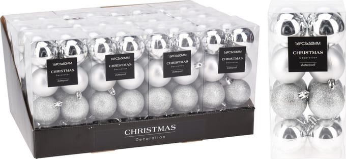 Kerstballen Set 16 Stuks - Zilver Glitter & Glaslook