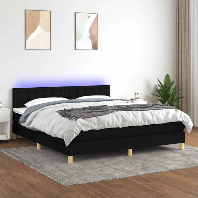 vidaXL - Boxspring - met - matras - en - LED - stof - zwart - 160x200 - cm