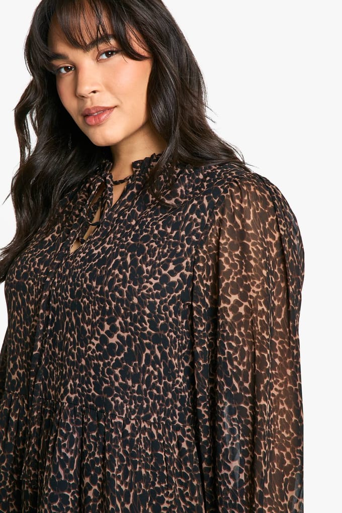 boohoo Dames Plus Animal Print Chiffon Smock-jurk | Leopard | Maat: 20