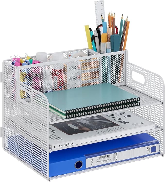 SnelShoppen - Bureauplank A4 met 3 Vakken - Metalen Net, Bureau-Organizer, Brievenbakje voor Thuis en School, Wit - Perfect voor Kantoor en Studie