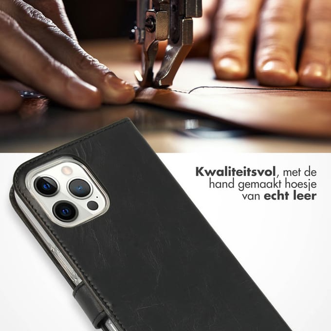 Selencia Hoesje - Geschikt voor Apple iPhone 12 Pro Max - Echt Lederen Bookcase - Zwart