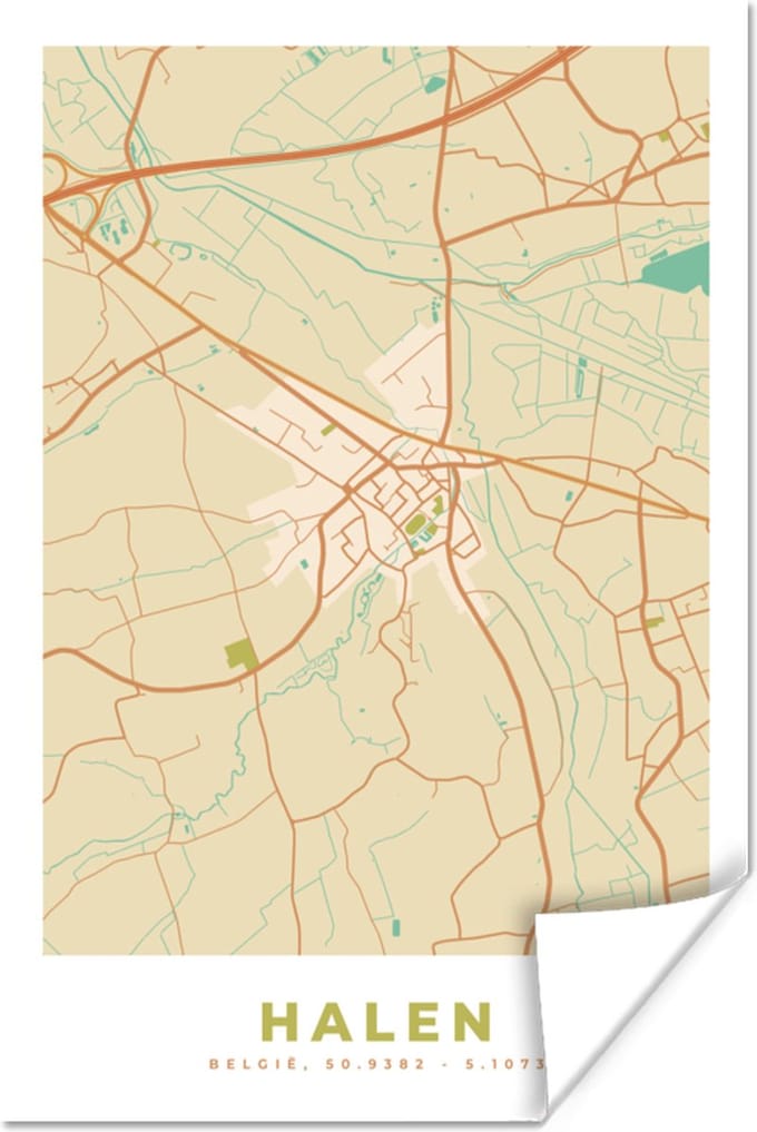 Poster Retro - Halen - Stadskaart - Plattegrond - Kaart - 20x30 cm