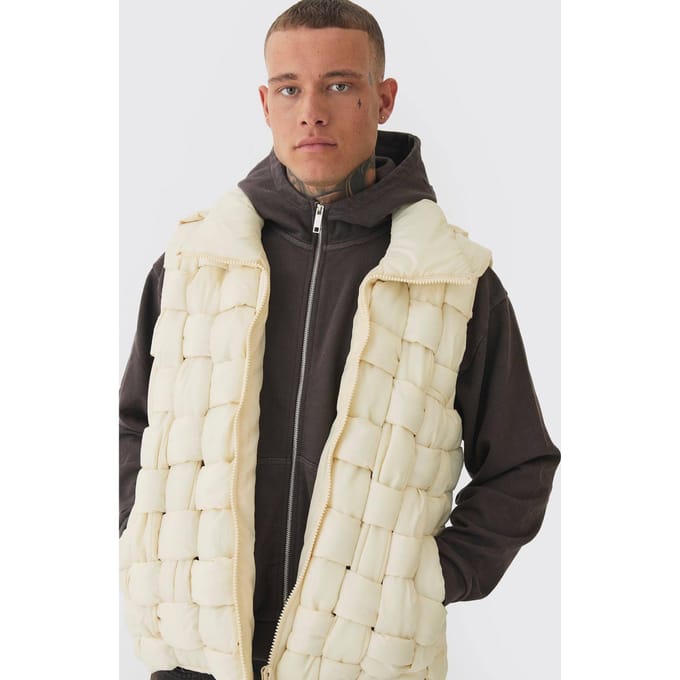 Lang Boxy Fit Handgeweven Gevoerde Gilet in Stone | Size Medium
