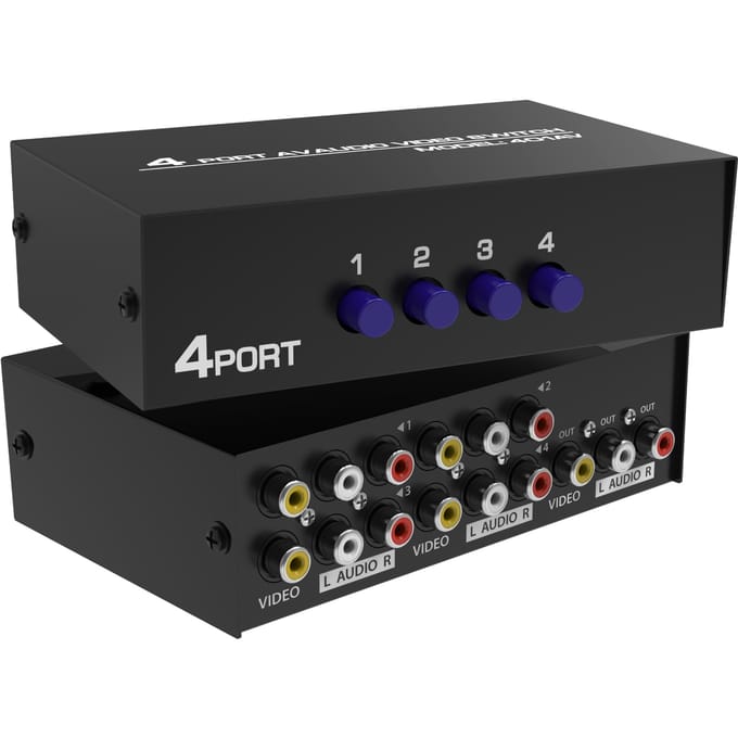 Fosmon RCA Splitter AV Selector 4 Ingangen 1 Uitgang Stereo Schakelkast RCA Composite AV-kabel Meegeleverd 1 Compatibel met en Spelconsoles 4-Weg & —