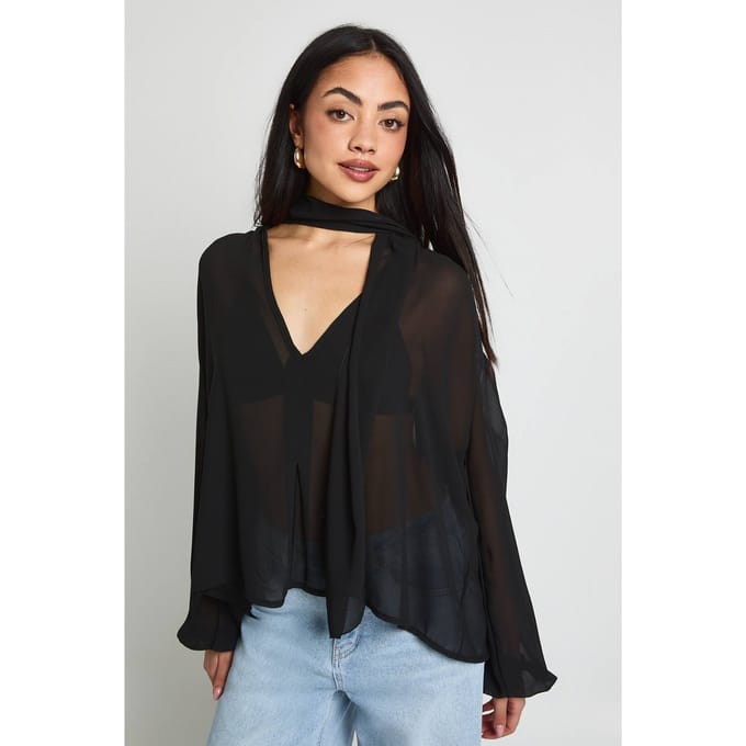 boohoo Dames Chiffon Sjaal Volume Mouw Blouse | Zwart | Maat: 36