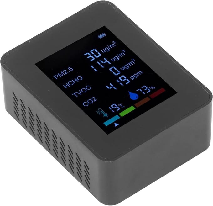 Luchtkwaliteitsmonitor - CO2 Meter - Omgeving Analyseren - 6-in-1 Detector - 9x7x3.4cm - Zwart