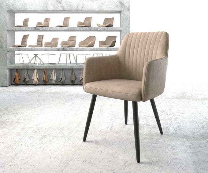 Gestoffeerde-stoel Greg-Flex 4-poot conisch zwart microvelours beige vintage pocketveer kern
