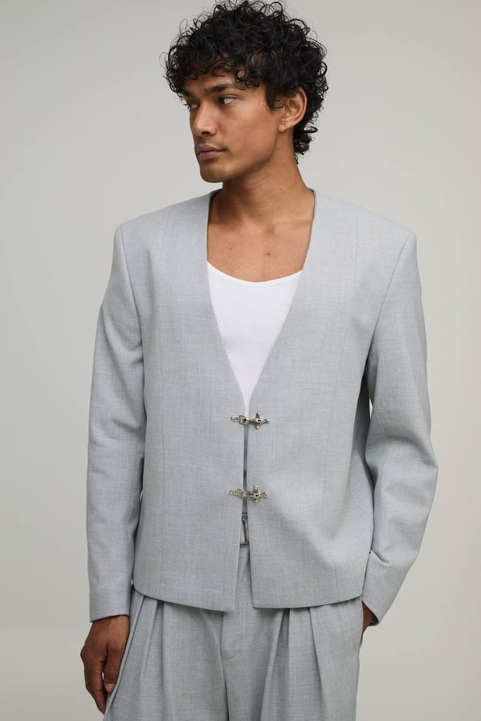 Oversized Boxy Colbertjasje Zonder Kraag Met Gesp Detail | Grey | Size 42
