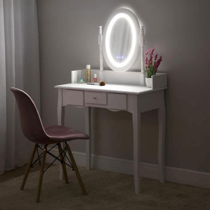Coiffeuse Versa Diva avec miroir et tiroirs - Blanc - Bois et miroir - Style classique - 142x40x80cm