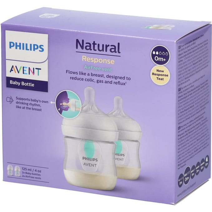 Lot de 2 biberons - PHILIPS AVENT- Natural 3.0 - Anti-colique - 125 ml - AirFree - Tétine imitant la forme du sein - Blanc blanc