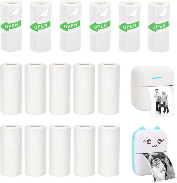 16 Rollen Mini Thermisch Printerpapier - 6 Rollen Stickers & 10 Rollen Gewoon Papier (57x25mm)