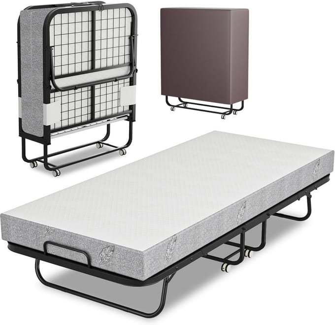 Opklapbed 90x200 cm met 13 cm Dik Matras - Inklapbaar Logeerbed met Wielen